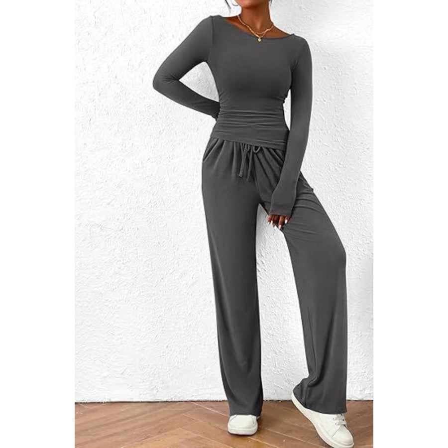 Round Neck Long Sleeve Top and Pants Set Apparel and Accessories