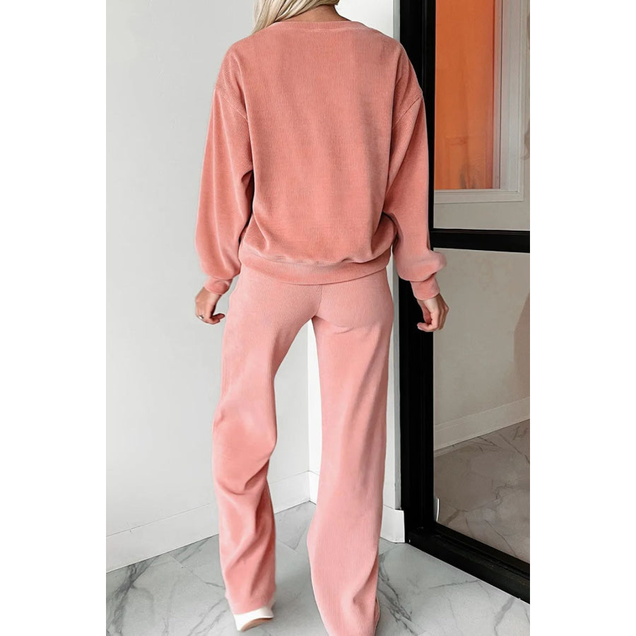 Round Neck Long Sleeve Top and Pants Set Apparel and Accessories