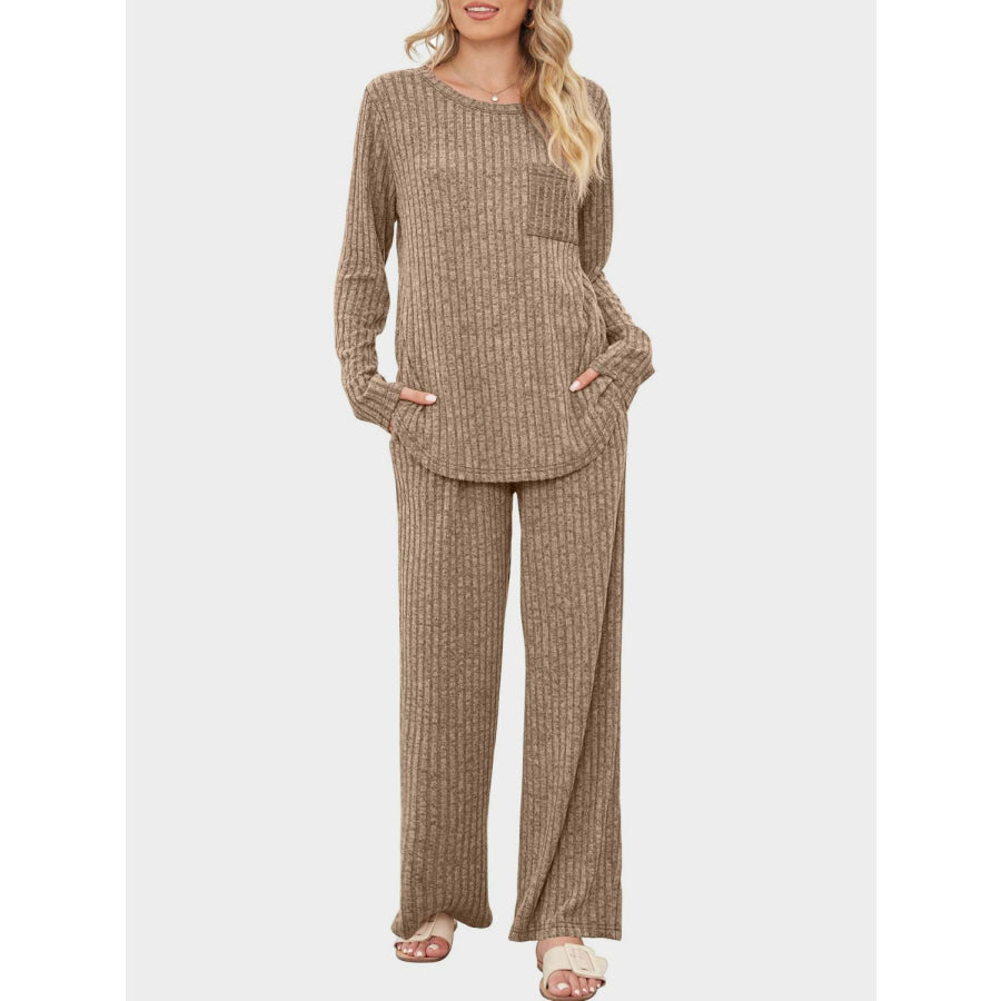 Round Neck Long Sleeve Top and Pants Set Apparel and Accessories