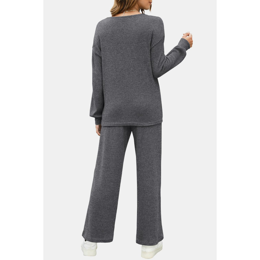 Round Neck Long Sleeve Top and Pants Set Apparel and Accessories