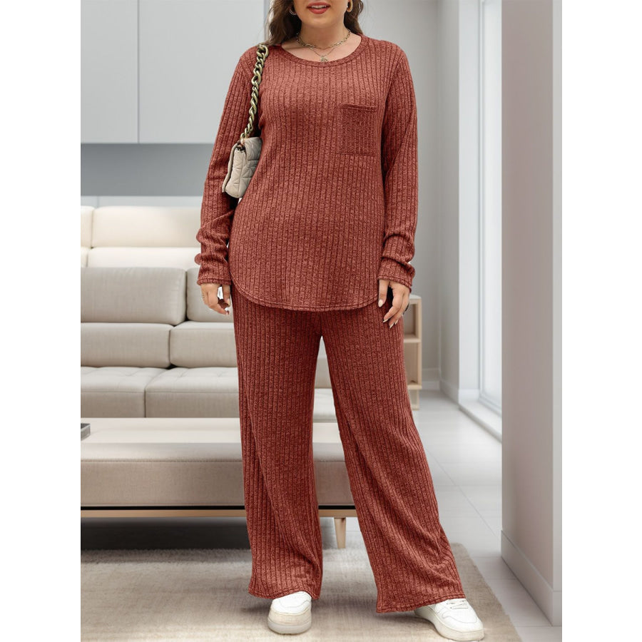 Round Neck Long Sleeve Top and Pants Set Apparel and Accessories