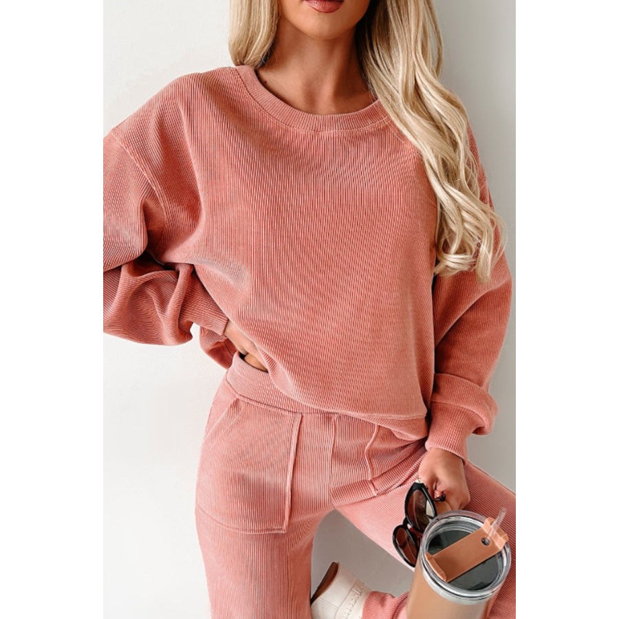 Round Neck Long Sleeve Top and Pants Set Apparel and Accessories