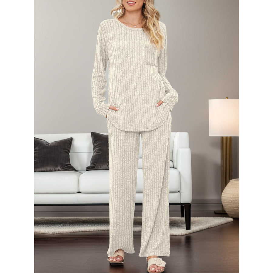 Round Neck Long Sleeve Top and Pants Set Apparel and Accessories