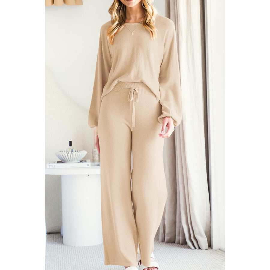 Round Neck Long Sleeve Top and Pants Set Apparel and Accessories