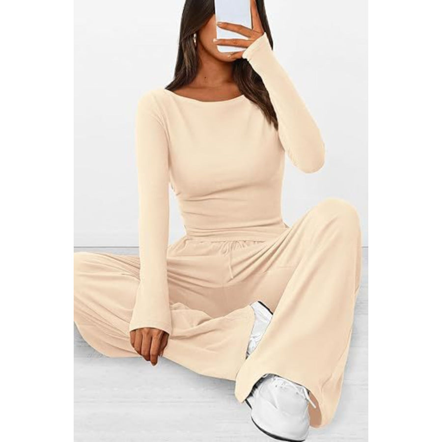 Round Neck Long Sleeve Top and Pants Set Apparel and Accessories