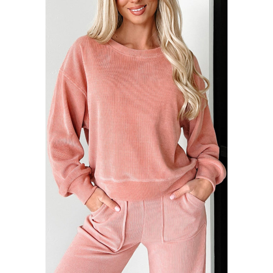 Round Neck Long Sleeve Top and Pants Set Apparel and Accessories