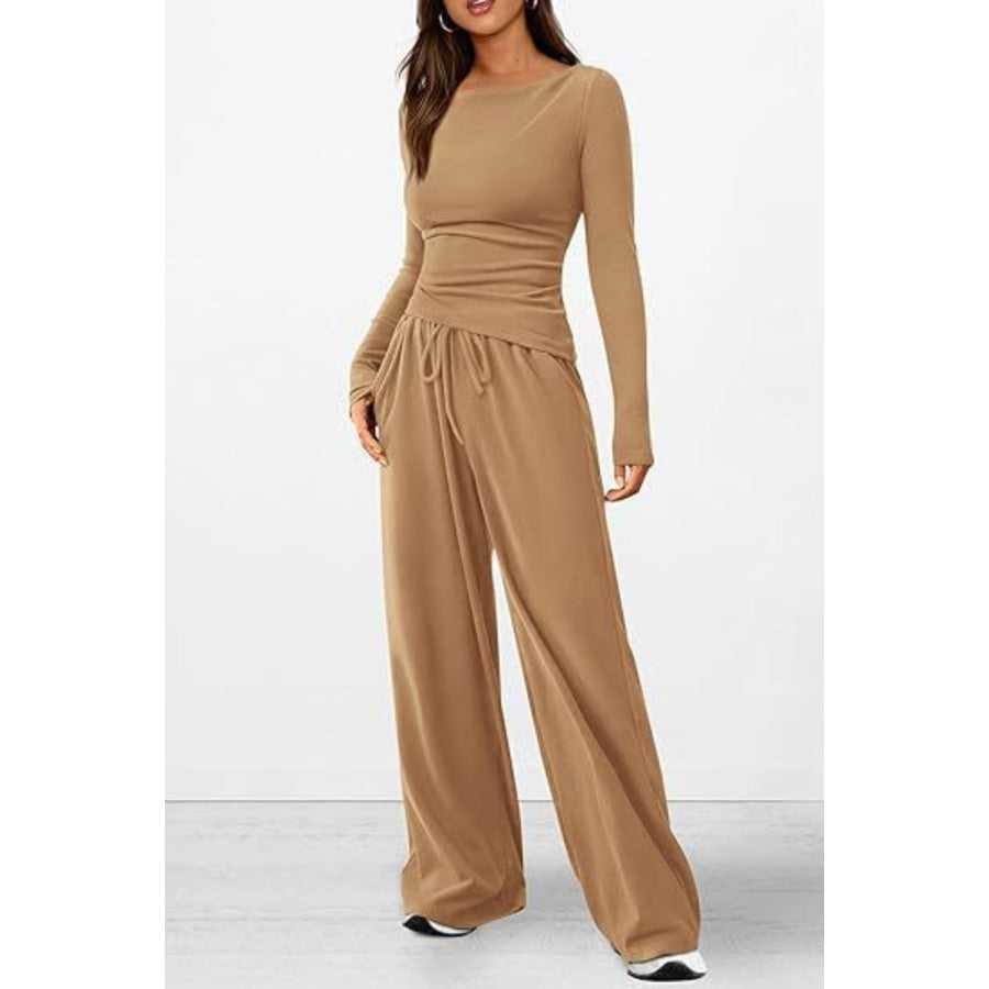 Round Neck Long Sleeve Top and Pants Set Apparel and Accessories