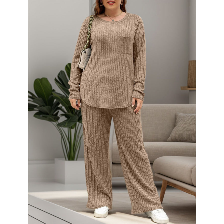 Round Neck Long Sleeve Top and Pants Set Apparel and Accessories