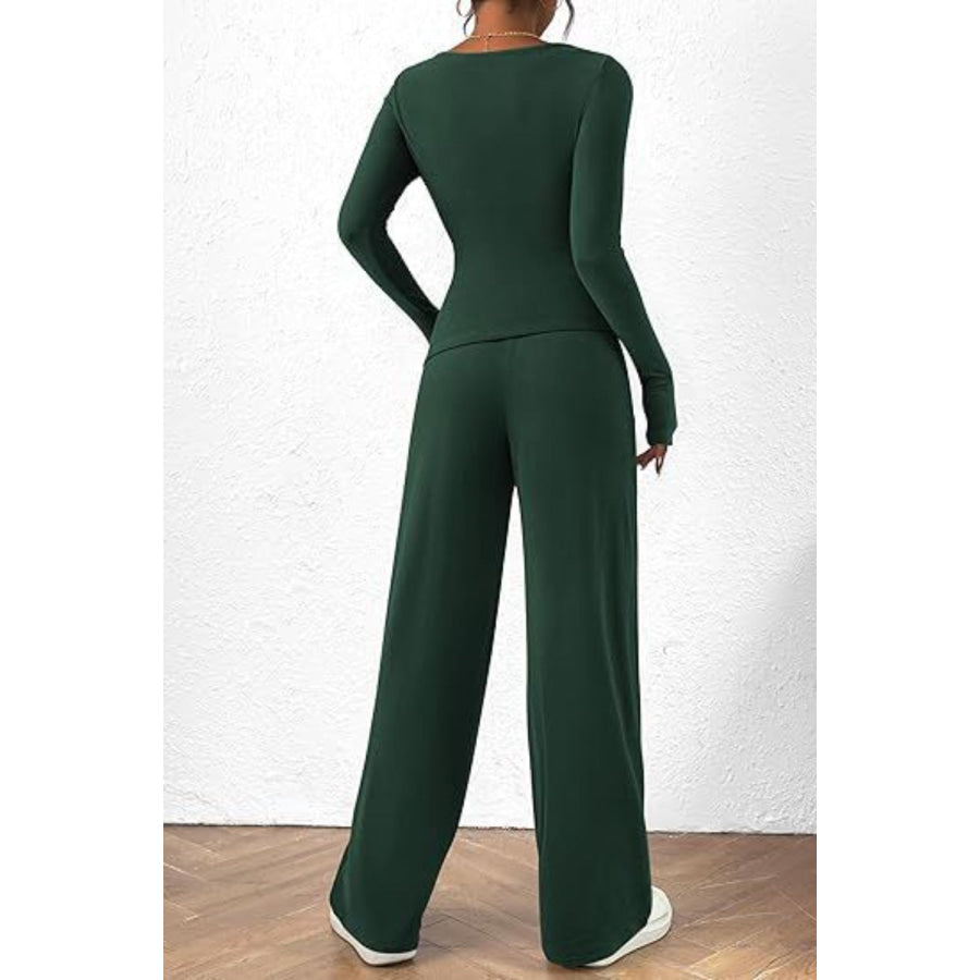 Round Neck Long Sleeve Top and Pants Set Apparel and Accessories