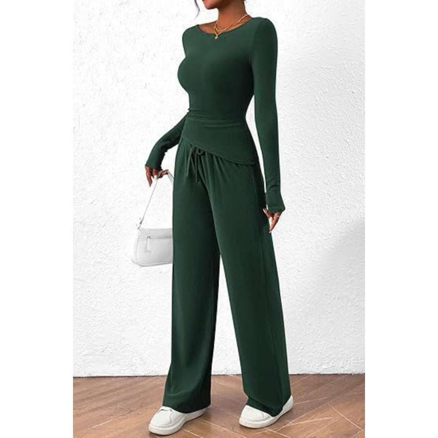 Round Neck Long Sleeve Top and Pants Set Apparel and Accessories