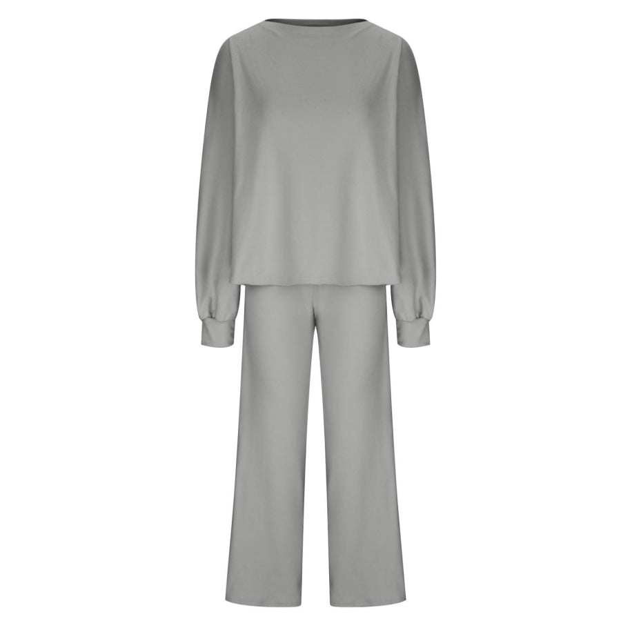 Round Neck Long Sleeve Top and Pants Set Apparel and Accessories