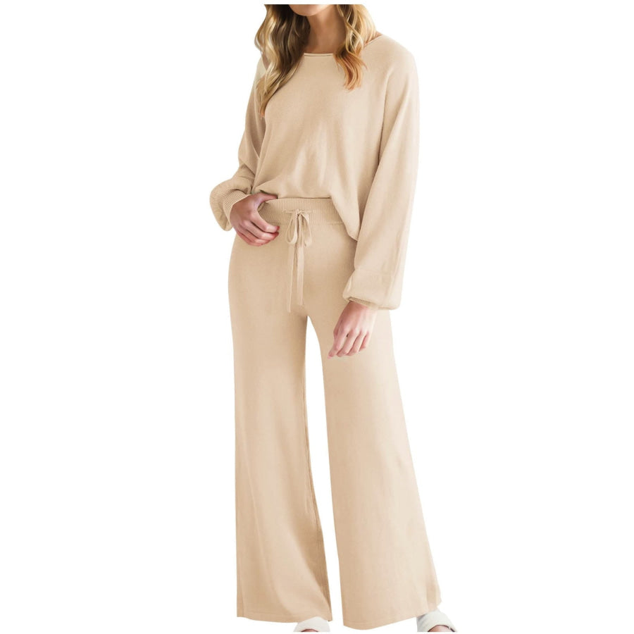 Round Neck Long Sleeve Top and Pants Set Apparel and Accessories