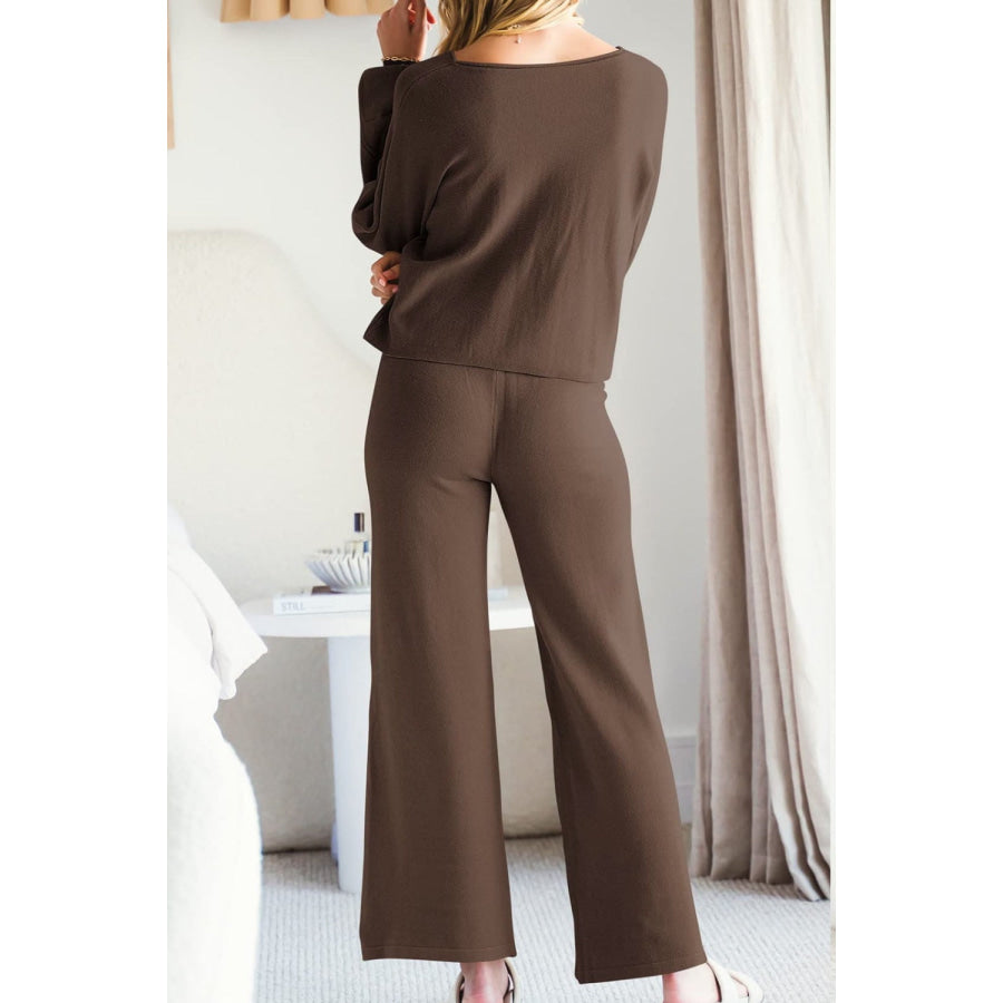 Round Neck Long Sleeve Top and Pants Set Apparel and Accessories