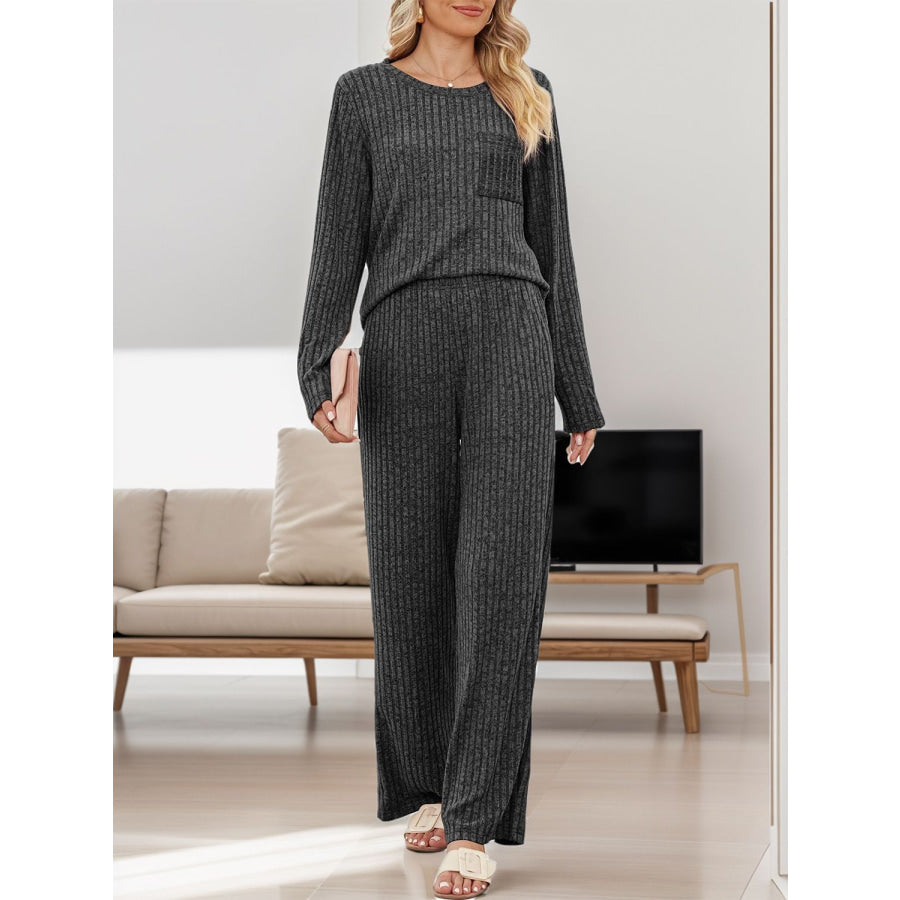 Round Neck Long Sleeve Top and Pants Set Apparel and Accessories