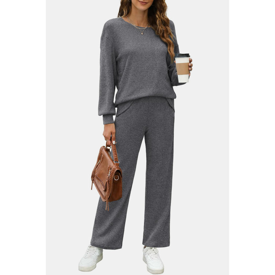 Round Neck Long Sleeve Top and Pants Set Apparel and Accessories