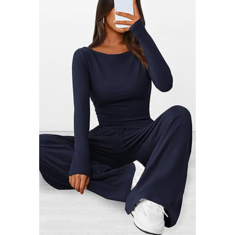 Round Neck Long Sleeve Top and Pants Set Apparel and Accessories