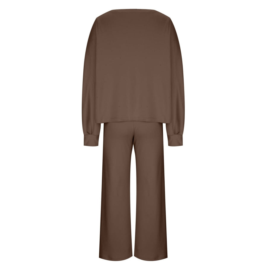 Round Neck Long Sleeve Top and Pants Set Apparel and Accessories