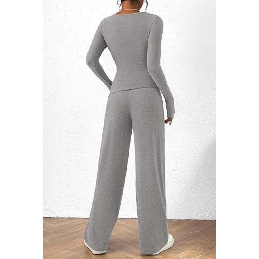 Round Neck Long Sleeve Top and Pants Set Apparel and Accessories