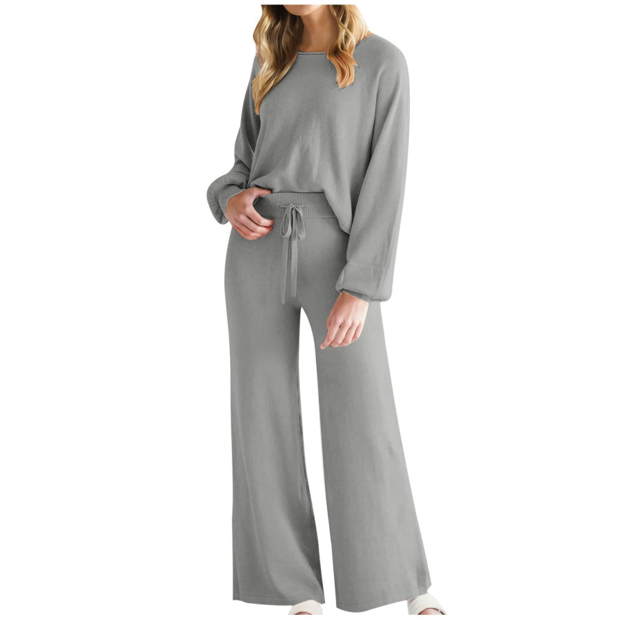 Round Neck Long Sleeve Top and Pants Set Apparel and Accessories