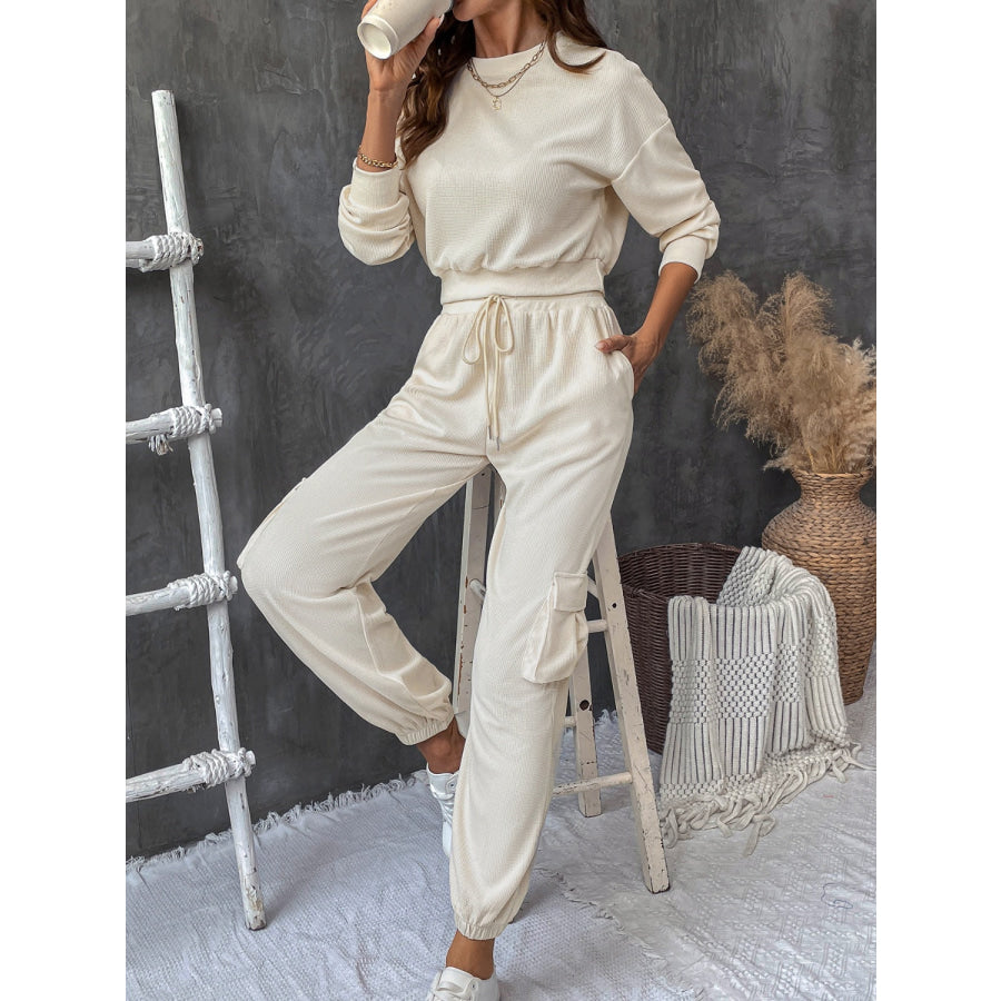 Round Neck Long Sleeve Top and Pants Set Apparel and Accessories