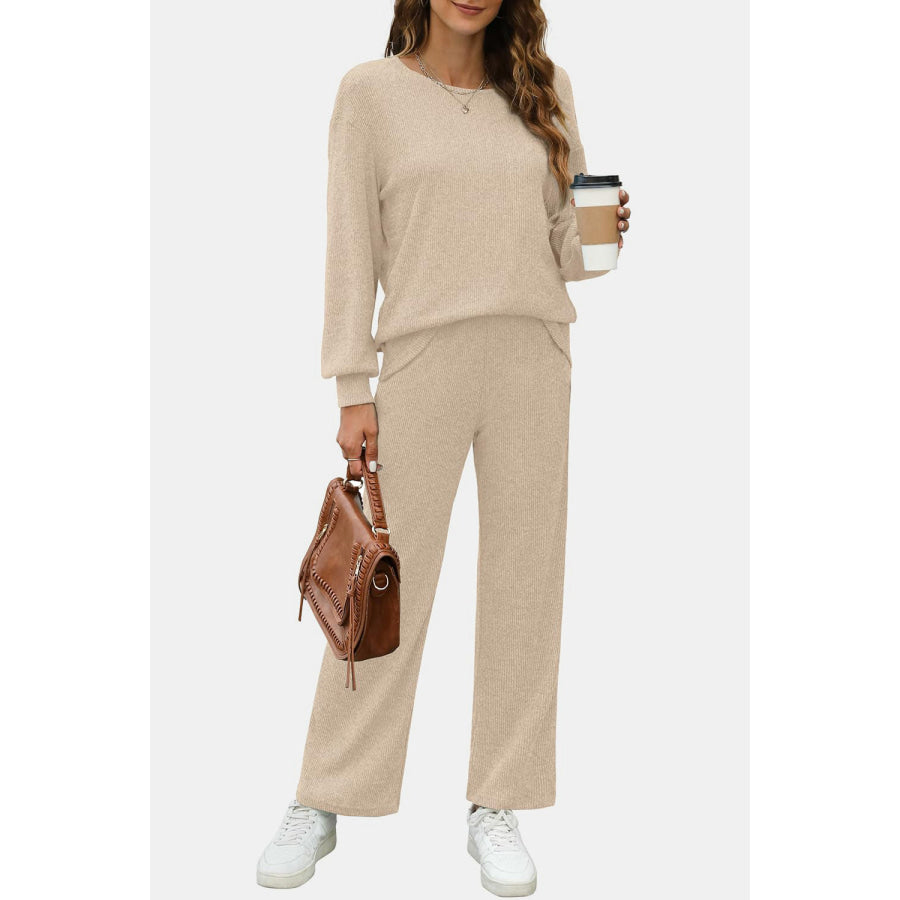 Round Neck Long Sleeve Top and Pants Set Apparel and Accessories