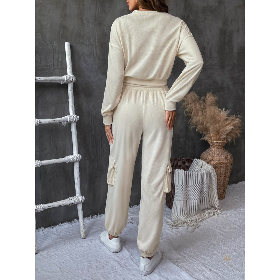 Round Neck Long Sleeve Top and Pants Set Apparel and Accessories