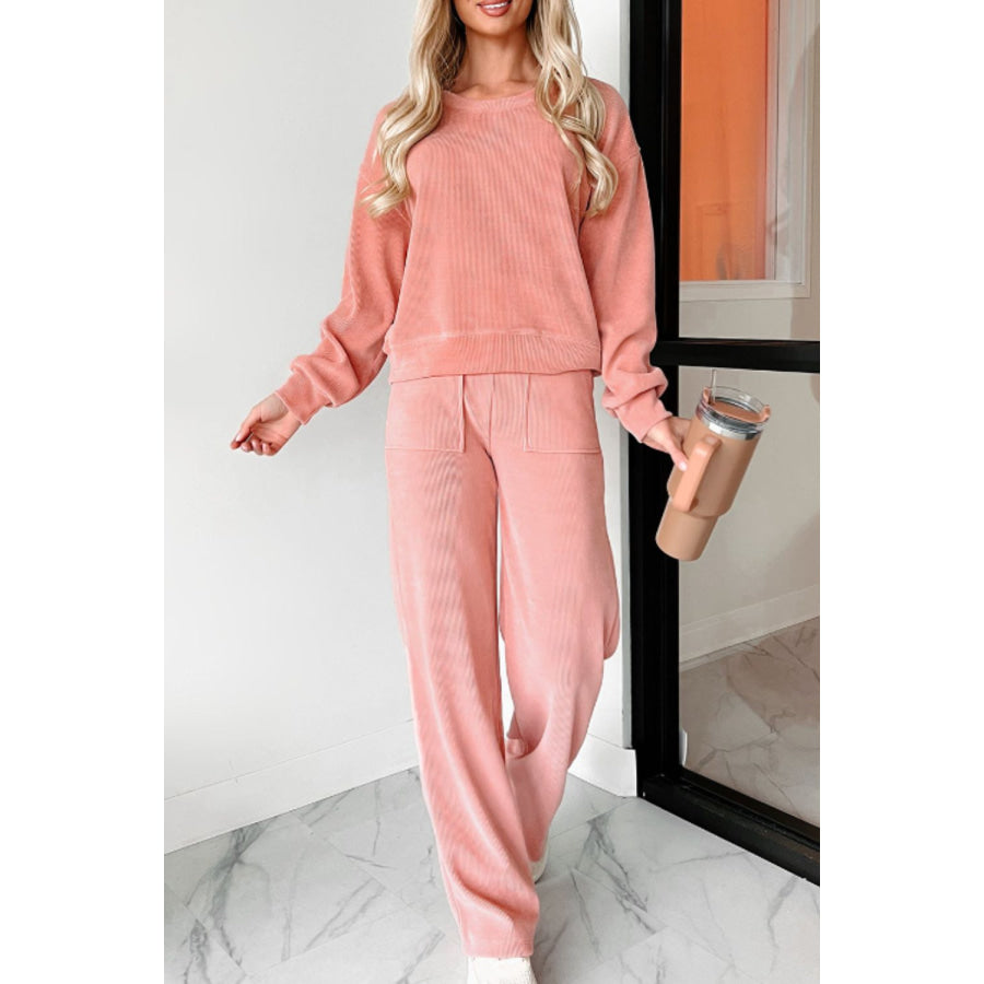 Round Neck Long Sleeve Top and Pants Set Apparel and Accessories