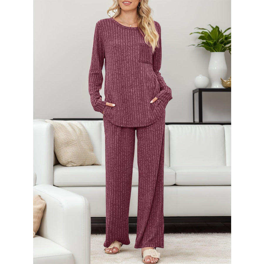 Round Neck Long Sleeve Top and Pants Set Apparel and Accessories