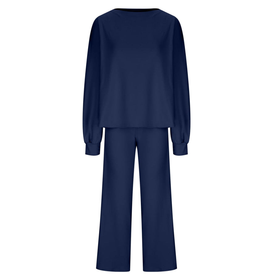 Round Neck Long Sleeve Top and Pants Set Apparel and Accessories