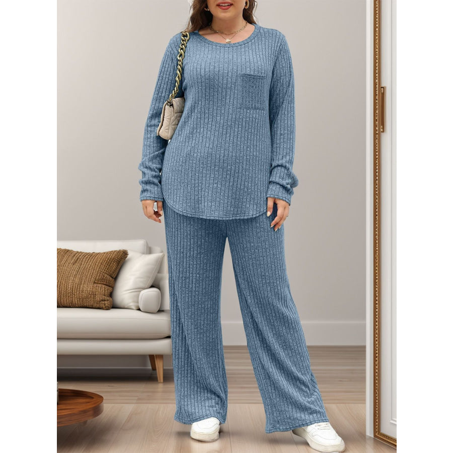 Round Neck Long Sleeve Top and Pants Set Apparel and Accessories