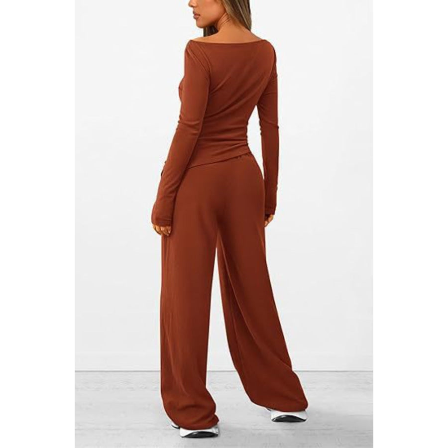 Round Neck Long Sleeve Top and Pants Set Apparel and Accessories