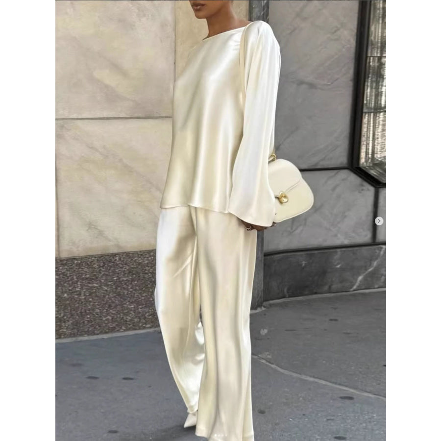Round Neck Long Sleeve Top and Pants Set Apparel Accessories