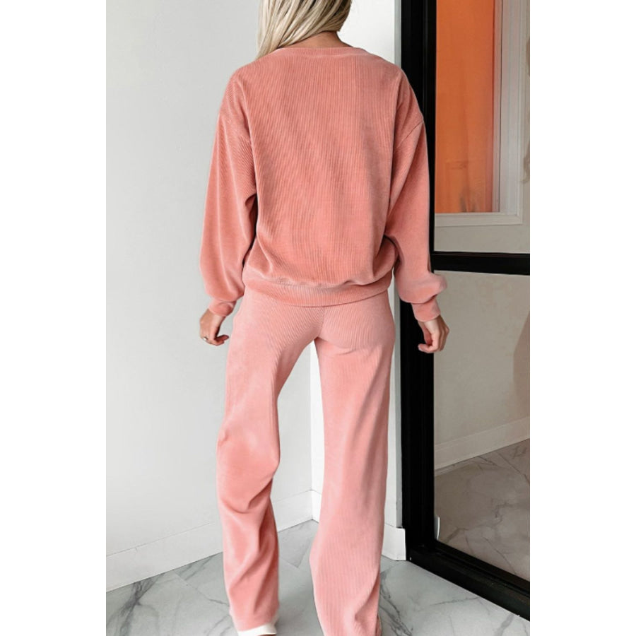 Round Neck Long Sleeve Top and Pants Set Apparel and Accessories