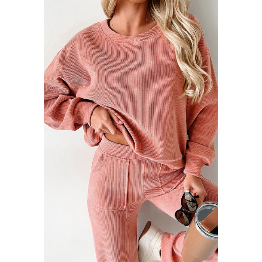 Round Neck Long Sleeve Top and Pants Set Apparel and Accessories