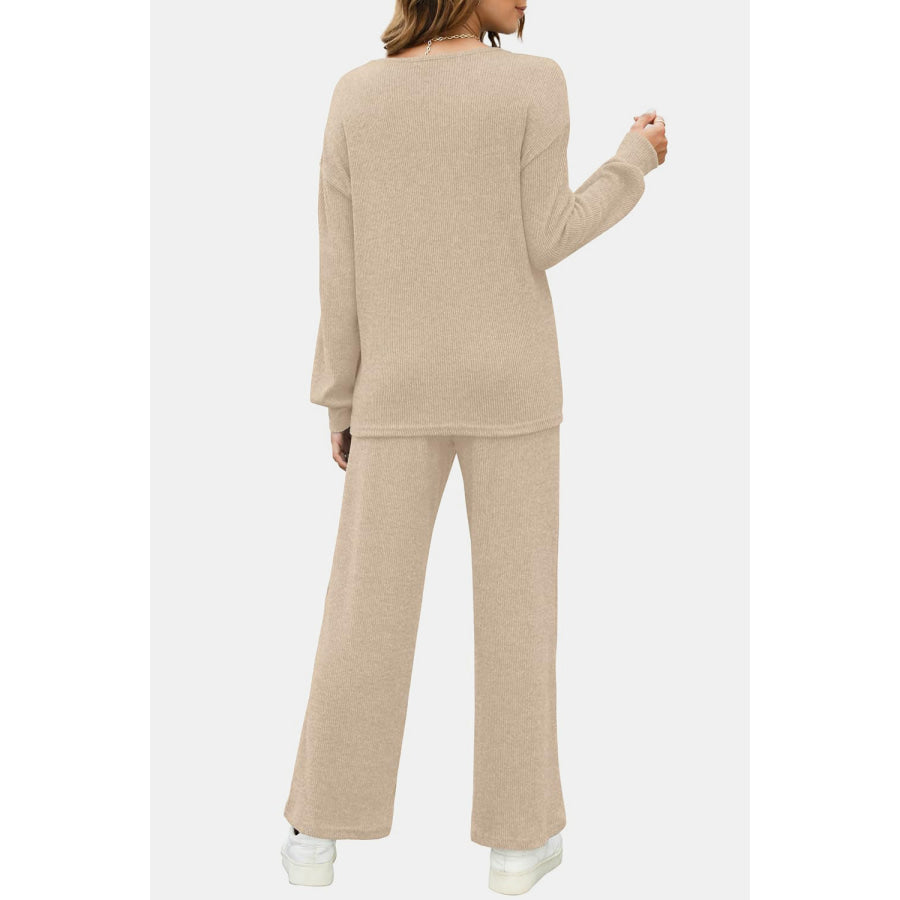 Round Neck Long Sleeve Top and Pants Set Apparel and Accessories