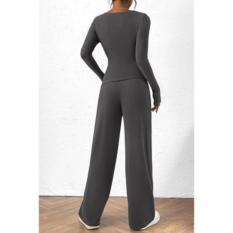 Round Neck Long Sleeve Top and Pants Set Apparel and Accessories