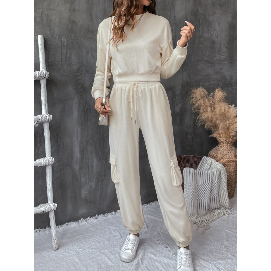 Round Neck Long Sleeve Top and Pants Set Apparel and Accessories