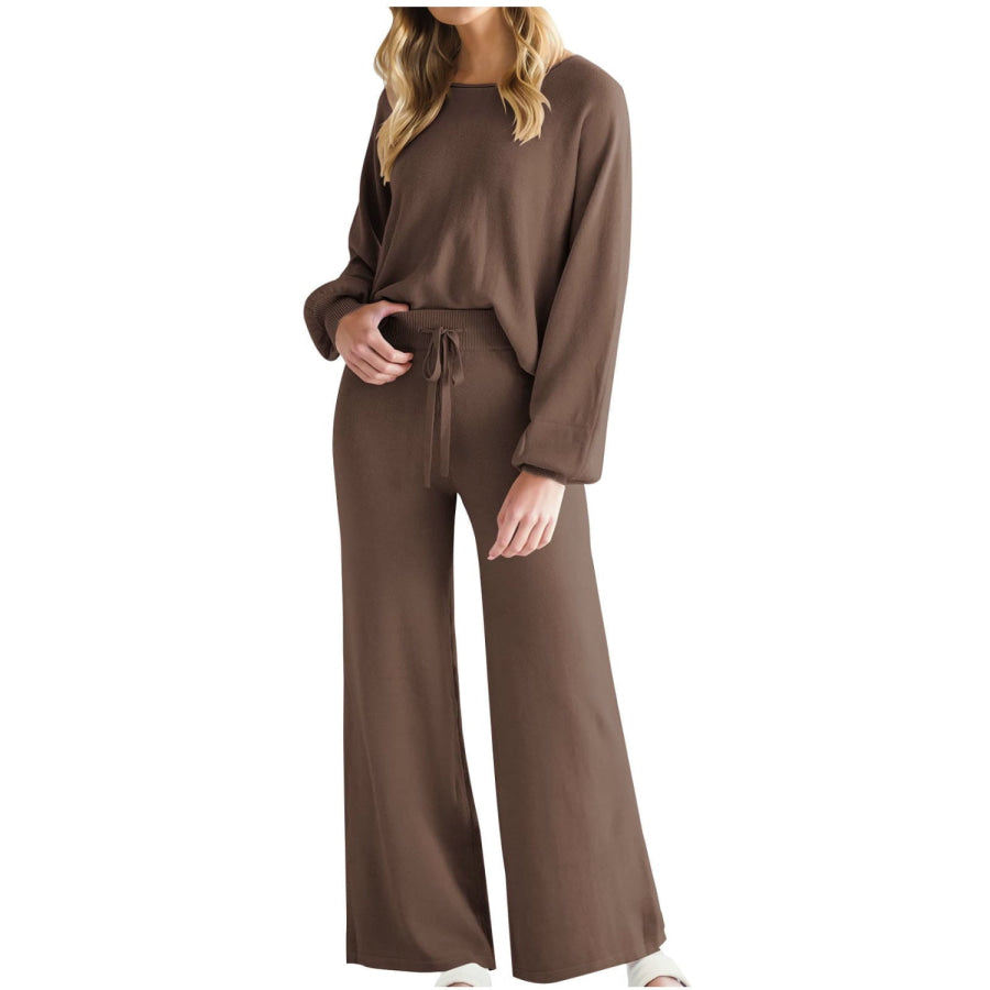 Round Neck Long Sleeve Top and Pants Set Apparel and Accessories