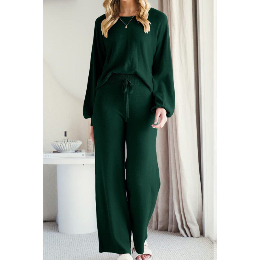 Round Neck Long Sleeve Top and Pants Set Apparel and Accessories