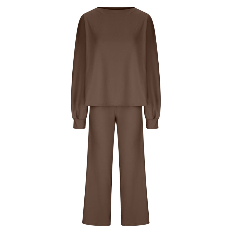 Round Neck Long Sleeve Top and Pants Set Apparel and Accessories