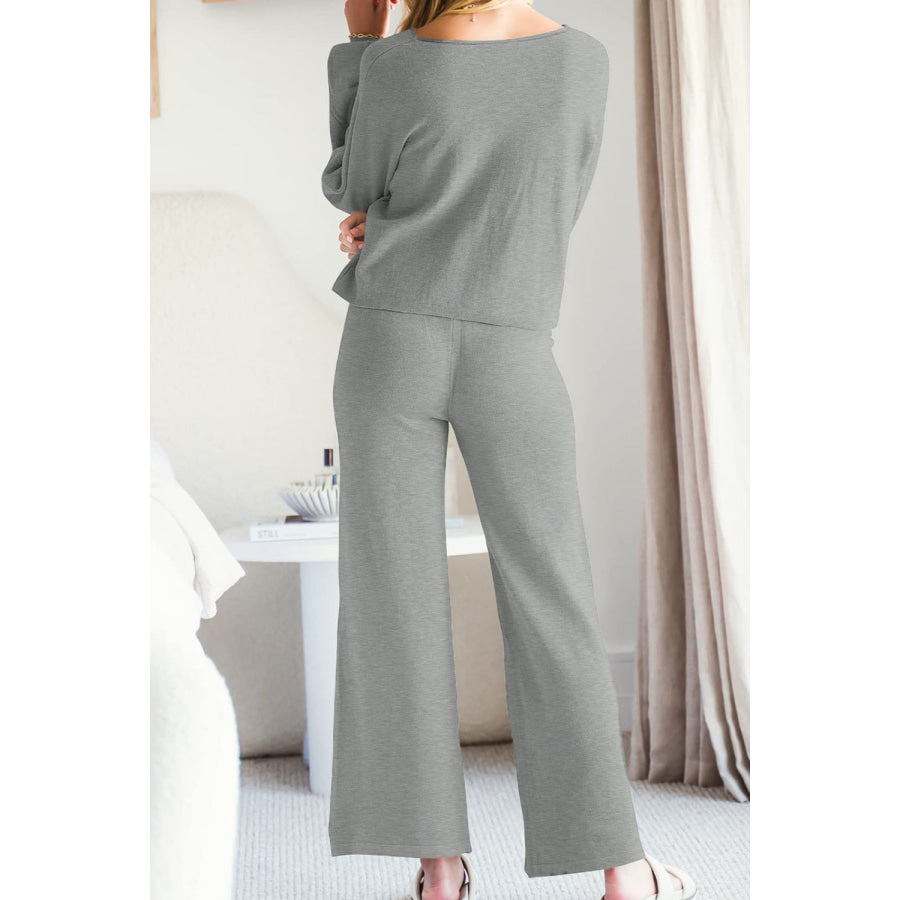 Round Neck Long Sleeve Top and Pants Set Apparel and Accessories