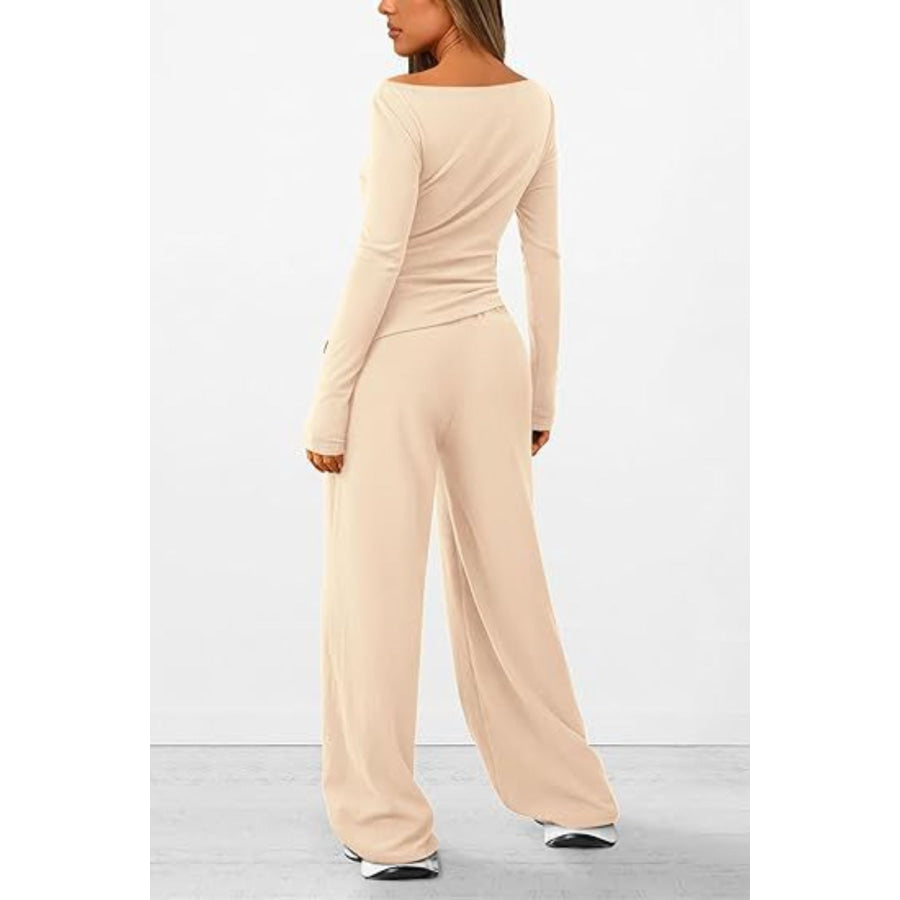 Round Neck Long Sleeve Top and Pants Set Apparel and Accessories