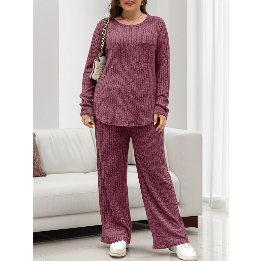 Round Neck Long Sleeve Top and Pants Set Apparel and Accessories