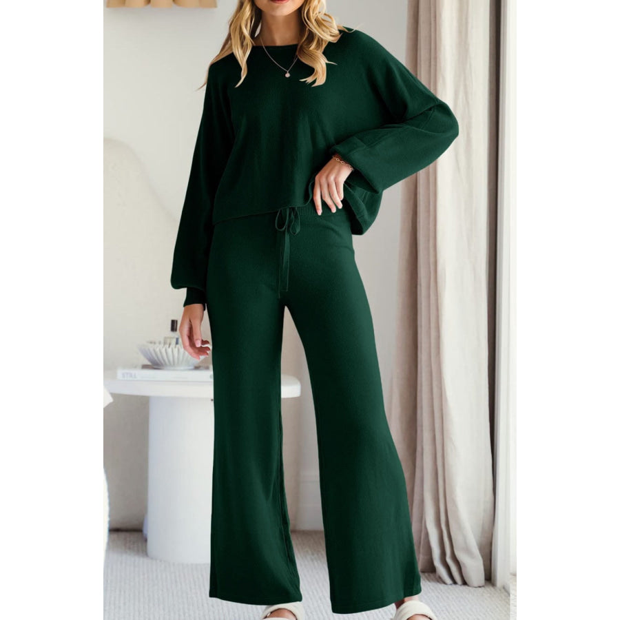 Round Neck Long Sleeve Top and Pants Set Black Forest / S Apparel and Accessories