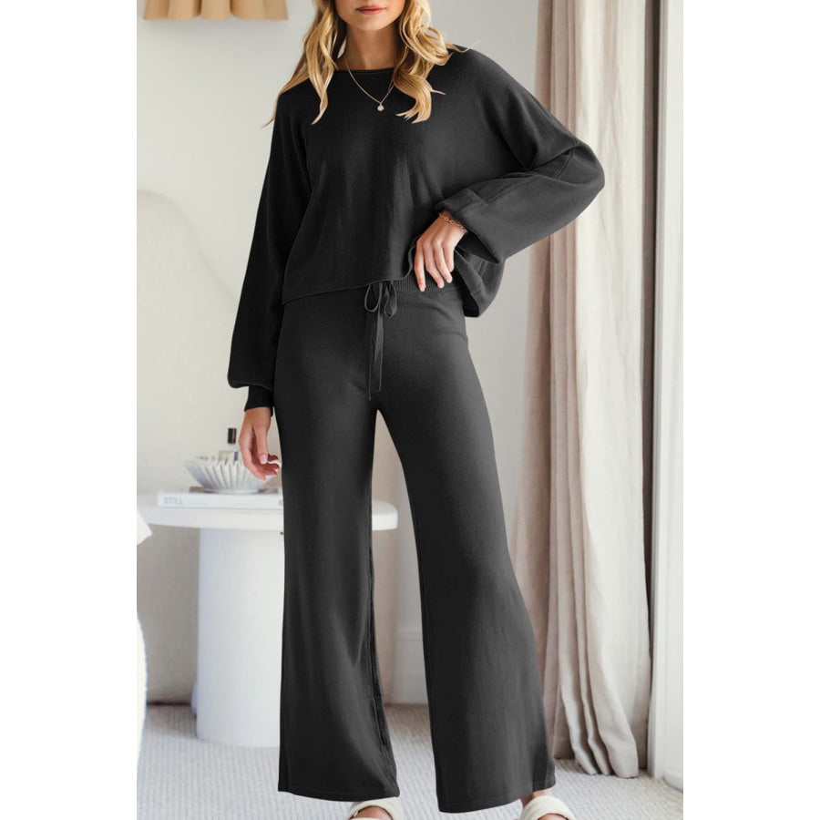 Round Neck Long Sleeve Top and Pants Set Black / S Apparel and Accessories