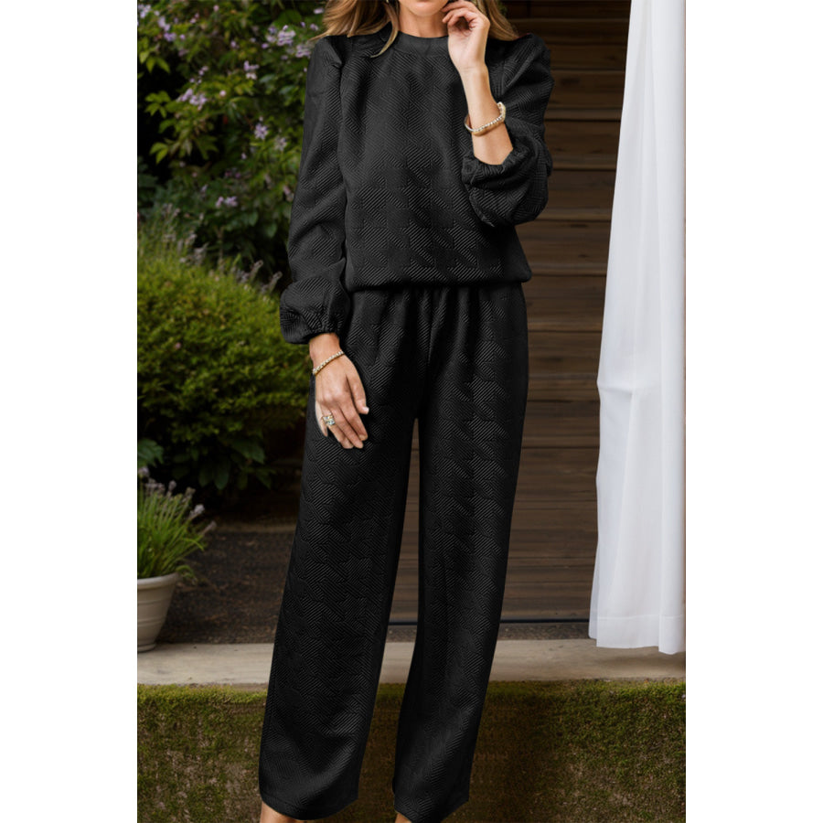 Round Neck Long Sleeve Top and Pants Set Black / S Apparel and Accessories