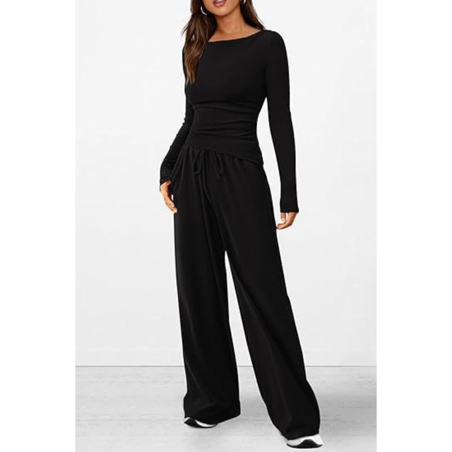 Round Neck Long Sleeve Top and Pants Set Black / XS Apparel and Accessories