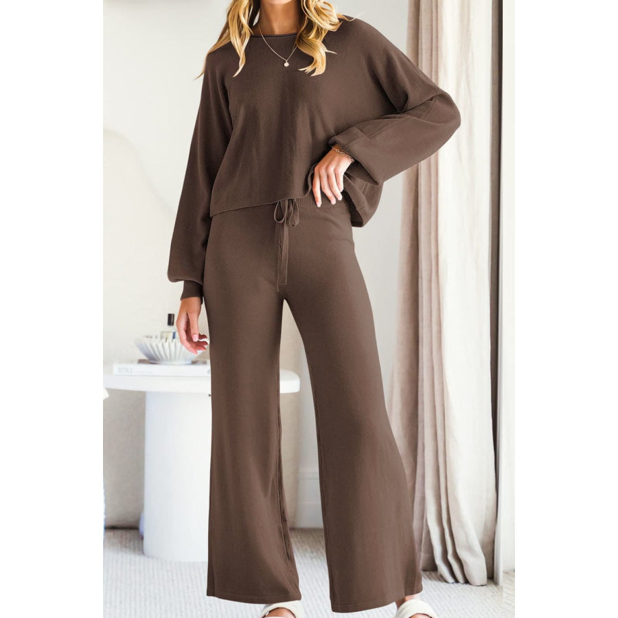 Round Neck Long Sleeve Top and Pants Set Brown / S Apparel and Accessories