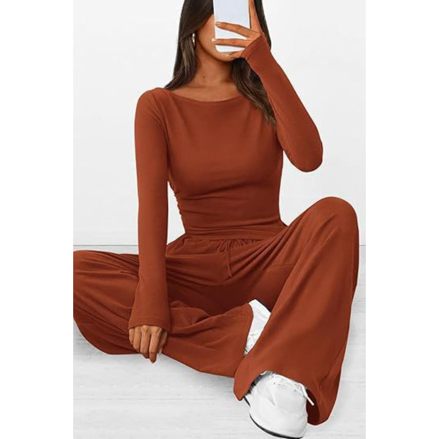 Round Neck Long Sleeve Top and Pants Set Brown / XS Apparel and Accessories