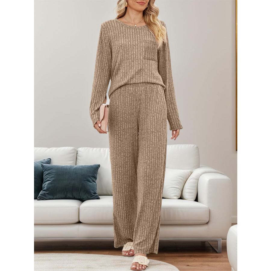 Round Neck Long Sleeve Top and Pants Set Camel / S Apparel and Accessories